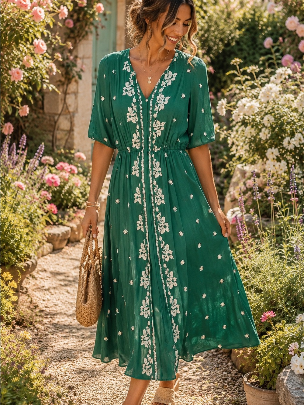 Sweet Salt Embroidered Boho Midi Dress | Emerald Green Coastal Cottagecore